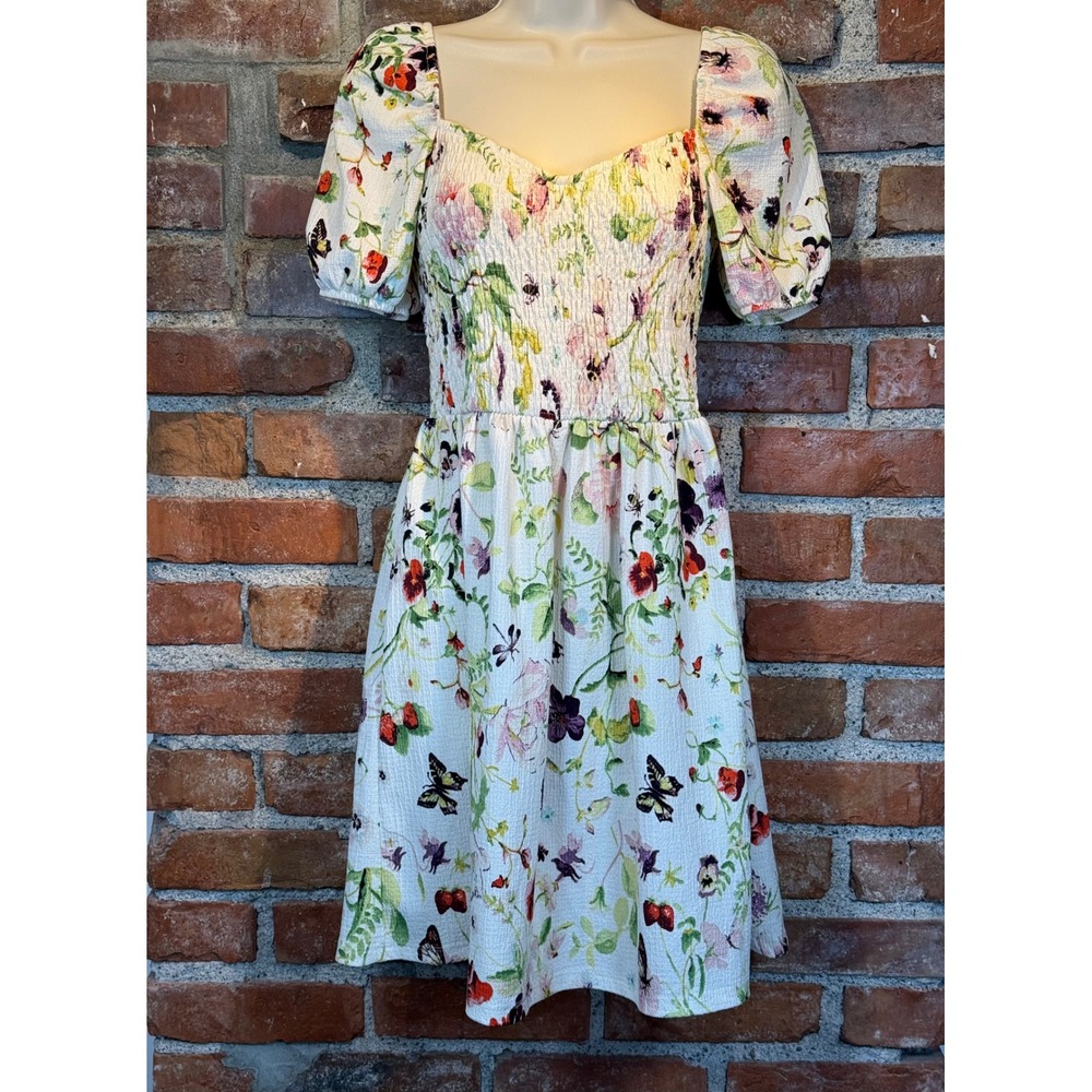 Floral Butterfly Smocked‎ Puff Sleeve Mini Dress White Small